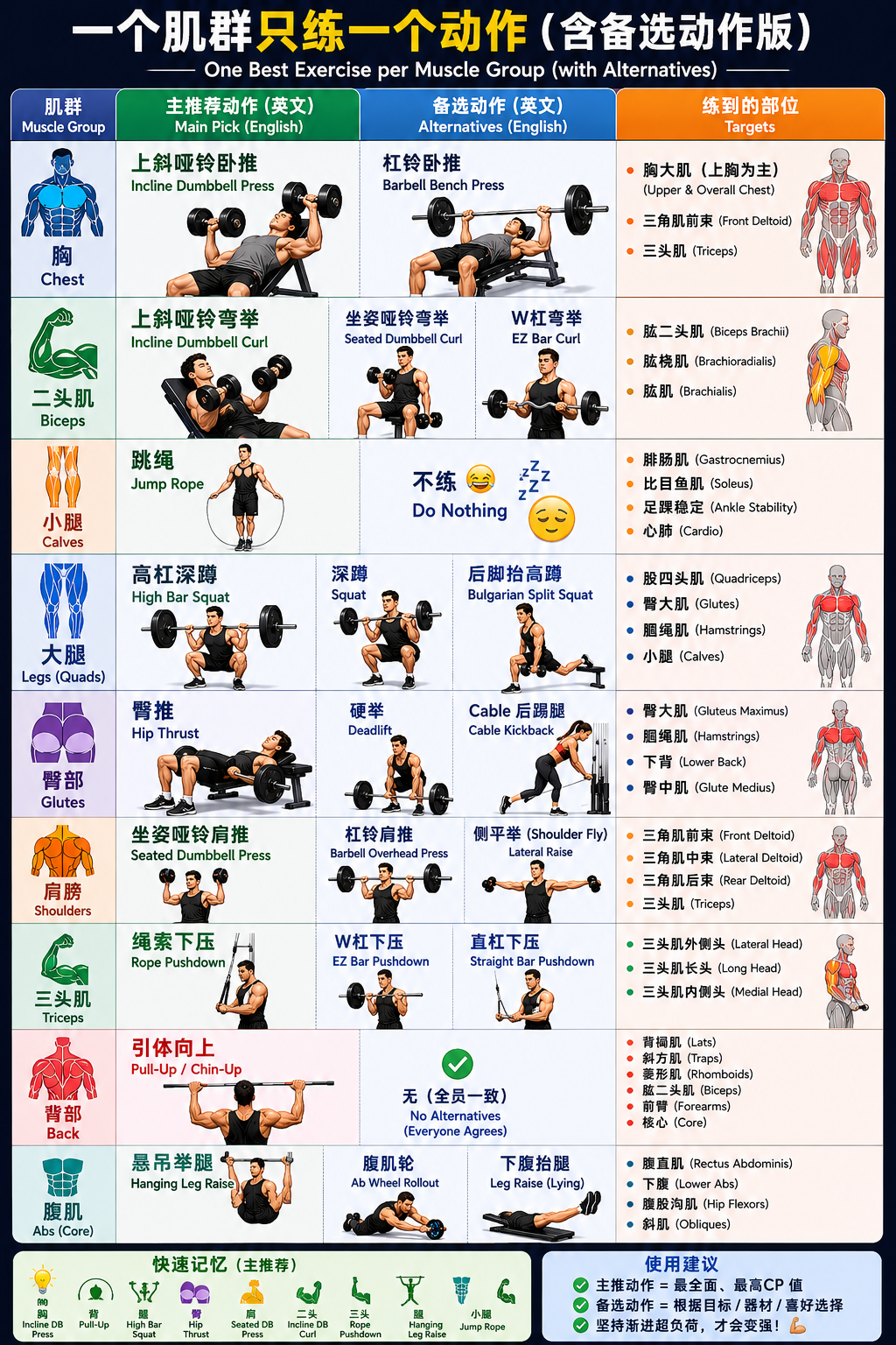 One exercise per muscle group guide